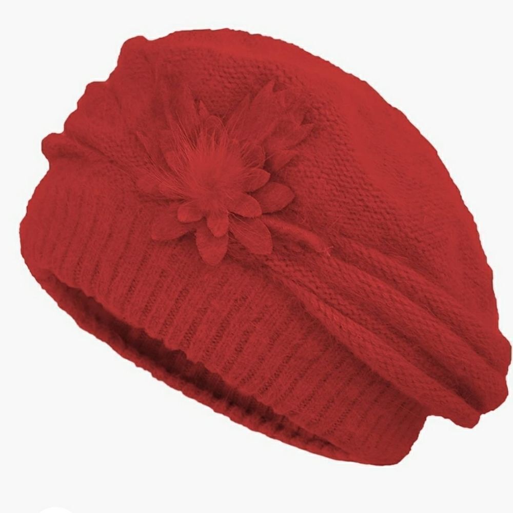 Red Winter Hat with Floral Rhinestone Pendant